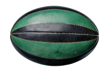 Classic green and black leather rugby ball for sports, games, and athletic activities
