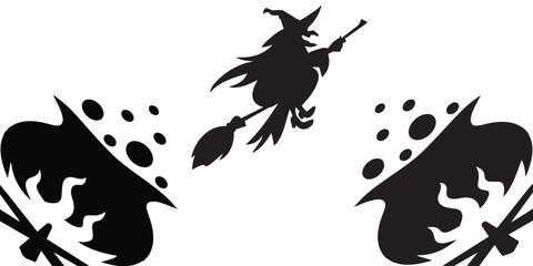 Silhouette of a Witch Flying on Broomstick with Cauldron and Bubbles.