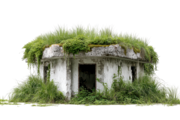 Abandoned concrete bunker overgrown with lush green grass and climbing vines