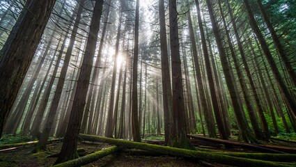 Fototapeta premium Sunbeams Streaming Through Tall Trees in a Lush Forest woods evergreen