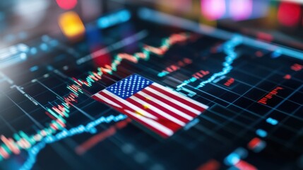 American Flag Overlaid on Financial Graph Representing Stock Market Trends and Data Analysis in Digital Environment