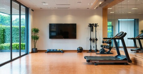 Glossy large flat tv off sports training room with high ceiling