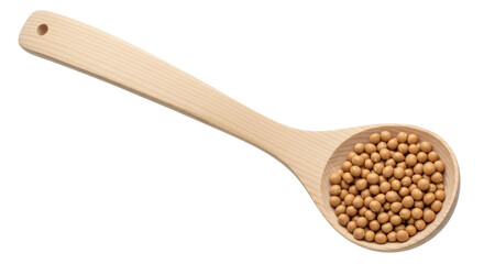 Isolated wooden spoon with soybeans, nutrition source, legume crop or ingredient on table