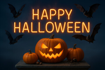 Glowing jack o lantern pumpkins with bats and Happy Halloween text on dark spooky background