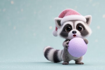Fototapeta premium Cute raccoon wearing a Santa hat holds a purple ball in a festive setting with a light blue background during the holiday season