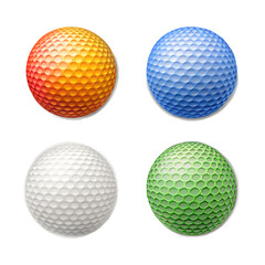 Four colorful golf balls in different shades of orange, blue, white, and green, showcasing their dimpled texture, isolated on transparent background