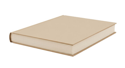 Isolated beige hardcover book sitting at an angle, blank front ready for a custom design