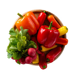 Top view of colorful vegetable set with bell peppers, lettuce and radish isolated on transparent PNG background for food, diet and cooking concepts.