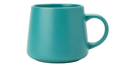 Isolated teal mug, ceramic vessel for beverage, coffee cup with large handle, empty object