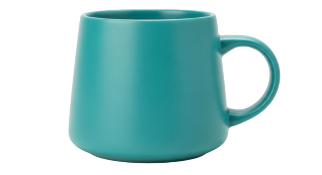 Isolated teal mug, ceramic vessel for beverage, coffee cup with large handle, empty object