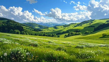 Vibrant Green Rolling Hills Under a Blue Sky with Fluffy Clouds.