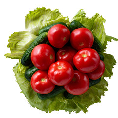 Top view of fresh red tomatoes on green lettuce leaves isolated on transparent PNG background, perfect for salad, diet and healthy food concepts.