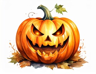 Watercolor Halloween Pumpkin with Glowing Eyes and Spooky Smile Isolated on White Background