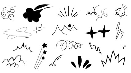 Set of cute pen line doodle element vector. Hand drawn doodle style collection of speech bubble, arrow, firework, star, heart. Design for decoration, sticker, idol poster, social media.