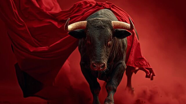 4k video of a bull running in the red clothes.