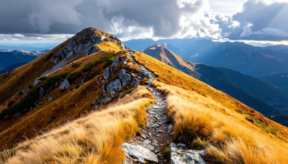 Scenic Mountain Ridge Trail with Golden Grass and Dramatic Sky.