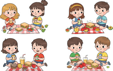 Cartoon children enjoying picnic meals on blankets, outdoor food sharing illustration with diverse kids and healthy snacks on white background