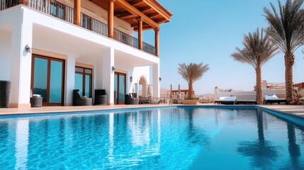 Fototapeta premium Luxurious Modern Villa with Inviting Swimming Pool Surrounded by Palm Trees in a Sunny Vacation Destination