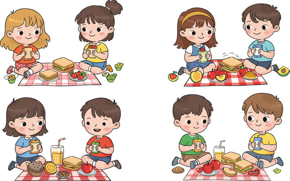 Cartoon children enjoying picnic meals on blankets, outdoor food sharing illustration with diverse kids and healthy snacks on white background