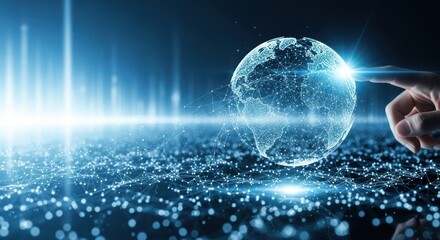 Digital globe with glowing particles and a human finger touching it on a dark blue background
