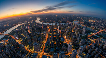 Obraz premium Panoramic aerial view of the photo cityscape at dusk highlighting the serene river and urban skyline