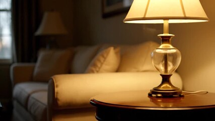 Warm glowing table lamp illuminating a cozy living room interior with comfortable sofa and soft lighting