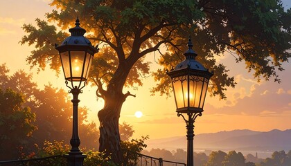 Scenic landscape with vintage street lamps at sunset golden hour illuminating