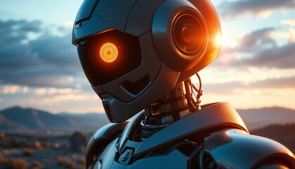 Futuristic humanoid robot with glowing eyes in a dramatic landscape  