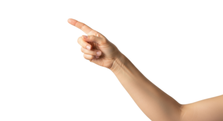 Isolated human arm with finger pointing upward to the left in a studio shot with clean light
