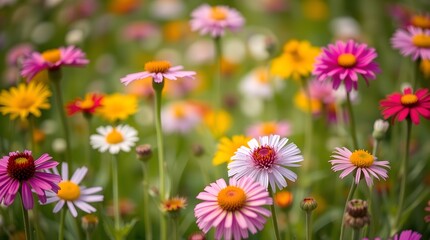 Colorful field of blooming flowers in springtime garden  