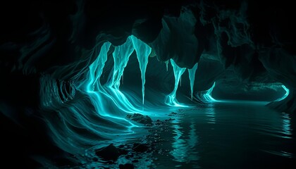 Cave with glowing blue water and illuminated rock formations  