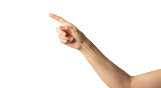 Isolated human arm with finger pointing upward to the left in a studio shot with clean light