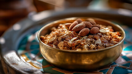 Obraz premium Sellou festive mixture with almonds, sesame and cinnamon decoration in brass bowl, Moroccan Ramadan table, zellige tile background, warmth and tradition, under soft warm light high