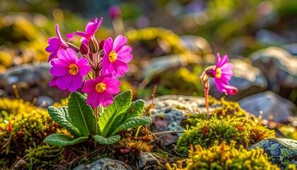 Vibrant pink primroses blooming in a mossy garden under sunlight.