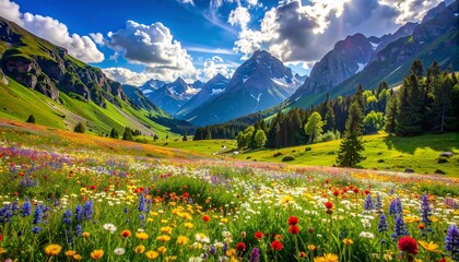 Vibrant Alpine Meadow Bursting with Wildflowers and Majestic Mountains Under a Dramatic Sky.