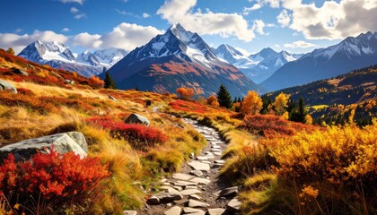 Scenic stone path winding through vibrant autumn foliage in the mountains.