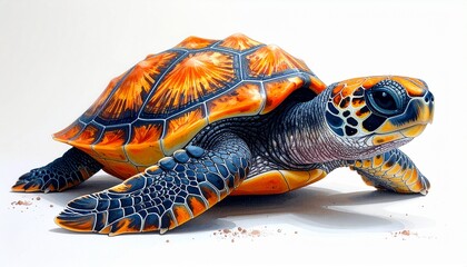 Vibrant Sea Turtle with Intricate Shell Patterns on White Background.
