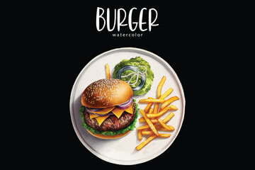 Burger and French Fries Watercolor Fast Food Illustration Tasty Meal Clipart Perfect for restaurant menus, fast food packaging, cafe branding