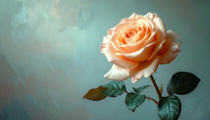 A single beautiful peach rose against a painterly textured background.