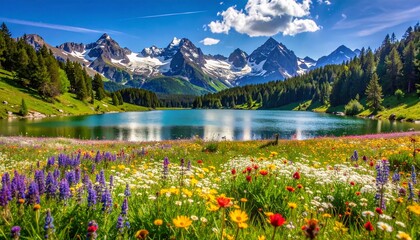 Vibrant Alpine Meadow with Lake and Snow-Capped Mountains.
