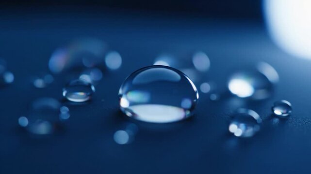 Water drops on blue surface macro close up liquid droplets reflecting light abstract background