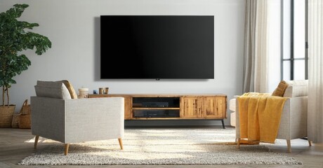 Bright living room features modern furniture, neutral tones, plants. Cozy space ideal relaxation, entertainment. Minimalist design promotes calm atmosphere.