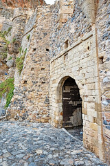 Obraz premium The entrance gate to the medieval walled town of Monemvasia in Greece.