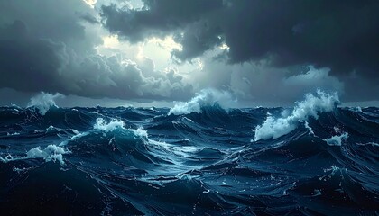 Dramatic Ocean Storm with Crashing Waves Under Dark Stormy Clouds.