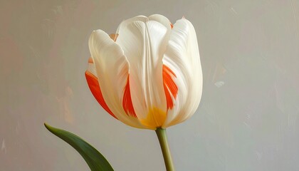 Elegant White and Orange Tulip Flower with Green Stem and Leaf.