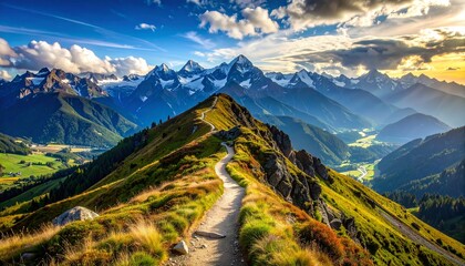 Scenic mountain ridge trail with stunning views of the peaks and valleys.