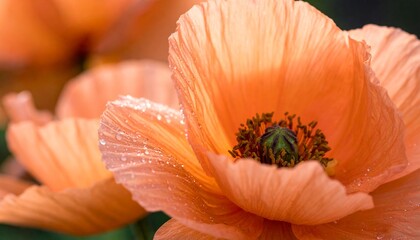 Close-up of a vibrant orange poppy flower with delicate petals and a dark center, showcasing its intricate details and soft texture.