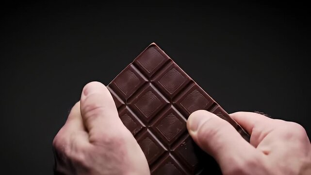 Close Up Shot of Hands Holding a Dark Chocolate Bar Against a Black Background Featuring Detailed Squares and Swirl Designs Showing the Texture