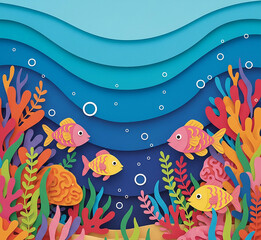A colorful underwater scene in paper-cut art style background illustration