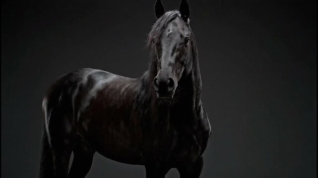 Majestic Black Horse Posing Gracefully Against Dark Background in Studio.